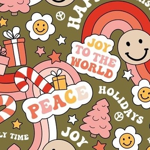 Retro Happy Holidays - Christmas smileys and rainbows pine trees presents and stars seasonal vintage seventies style boho kids design red pink beige on olive green