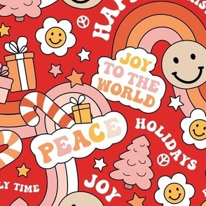 Retro Happy Holidays - Christmas smileys and rainbows pine trees presents and stars seasonal vintage seventies style boho kids design orange pink yellow on red