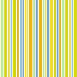 small | narrow vertical blue and yellow stripes with light green, mustard and chartreuse 
