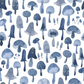 Large // Blue Monochrome Watercolor Mushrooms 