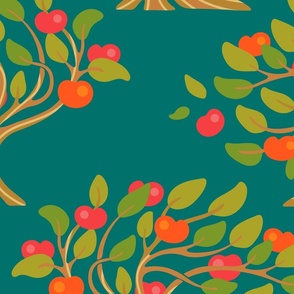 A Windy Day In The Apple Orchard Ripe Fruit Trees in Bright Warm Autumn Colours: Green Red Orange Brown on Dark Teal - LARGE Scale - UnBlink Studio by Jackie Tahara