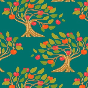 A Windy Day In The Apple Orchard Ripe Fruit Trees in Bright Warm Autumn Colours: Green Red Orange Brown on Dark Teal - MEDIUM Scale - UnBlink Studio by Jackie Tahara