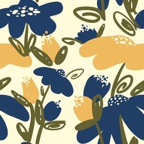 Hand Drawn Floral Navy and Mustard Golden Yellow