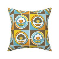 Groovy 70s Flower Power Tiles // Circles and Squares // Yellow, Orange, Sky and Baby Blue, Brown, White 