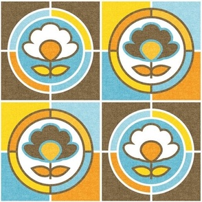 Groovy 70s Flower Power Tiles // Circles and Squares // Yellow, Orange, Sky and Baby Blue, Brown, White 