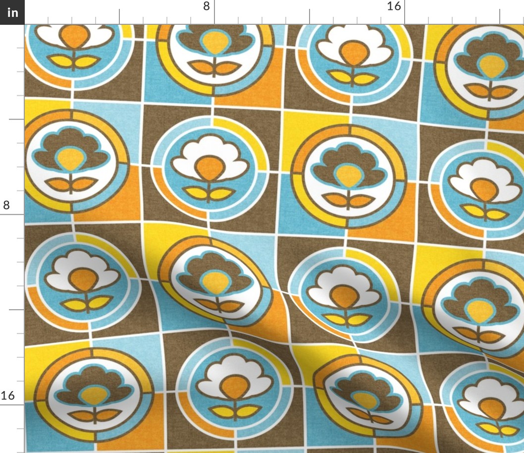 Groovy 70s Flower Power Tiles // Circles and Squares // Yellow, Orange, Sky and Baby Blue, Brown, White 