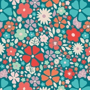 Modern vintage floral Ditsy print | Red, teal, turquoise | Midi scale 