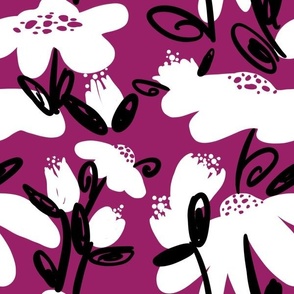 Hand Drawn Floral Black and White on Magenta