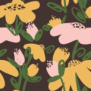 Hand Drawn Florals mustard and pink on brown
