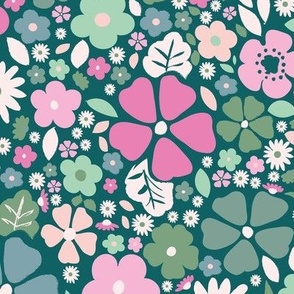 Modern Vintage Ditsy Floral | Teal Bright Pink Aqua Green | Large scale 