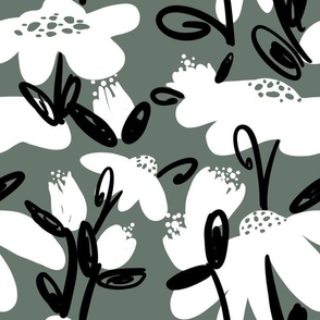 Hand Drawn Floral Black and White on Sage Green Gray