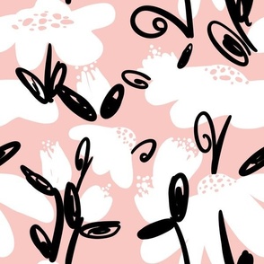 Hand Drawn Floral Black and White on soft pink