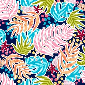Tropical Colorful Leaves - Navy Blue Large Scale