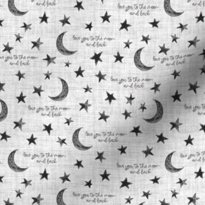 Stars and Moon with saying Love you to the Moon and back - Small Scale - Grey Gray Baby Kid Watercolor Linen Nursery