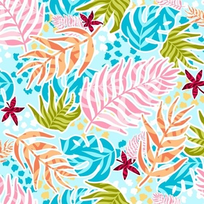 Tropical Colorful Leaves - Sky Blue Large Scale