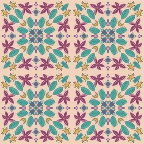 Flowers, Stars and Leaves - blue, pink, green and yellow on beige