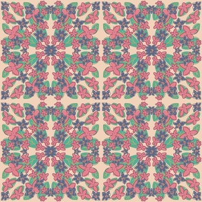 An Explosion of Flowers - pink, blue and green on buff