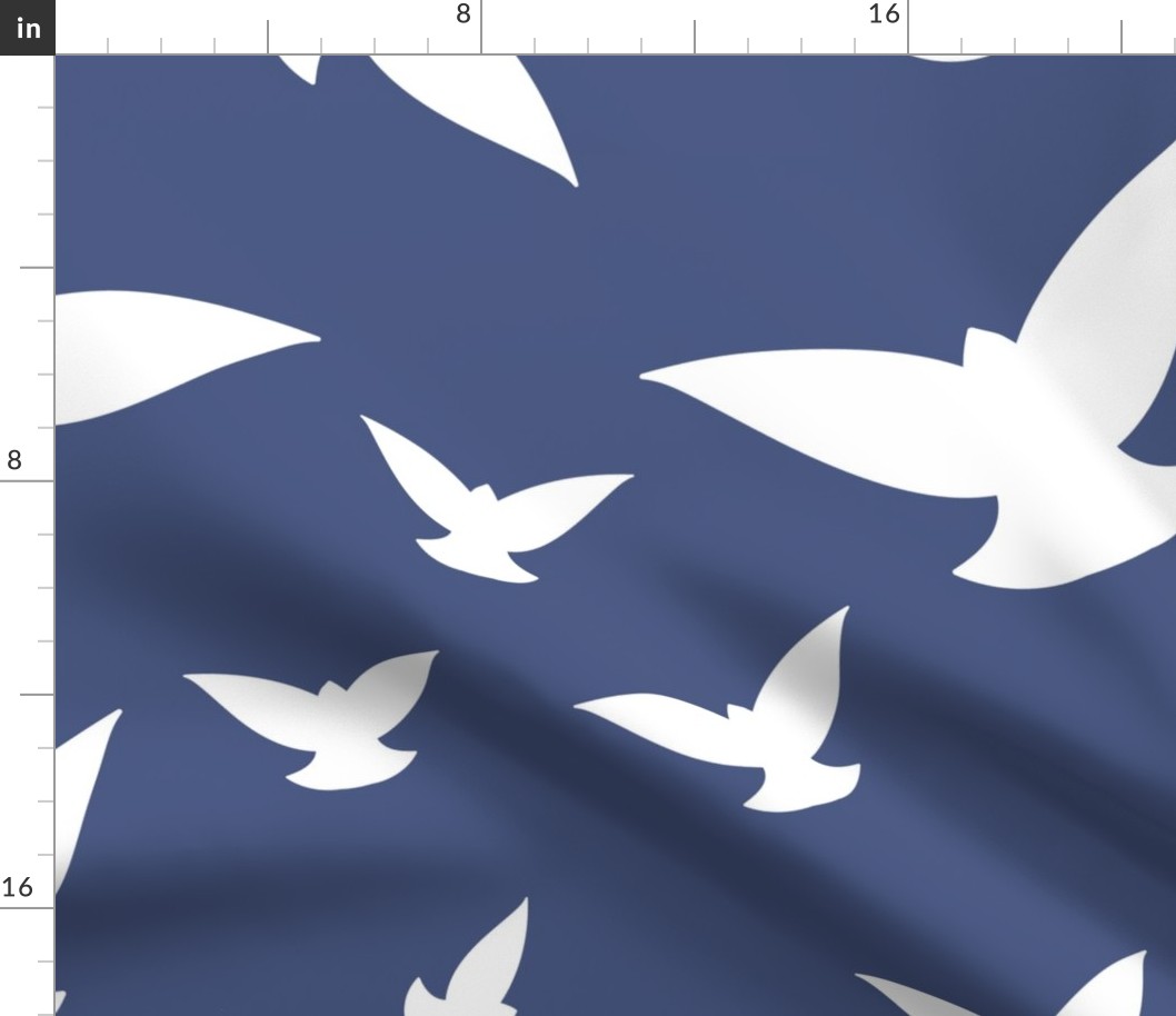 Flock of white birds in navy blue background WALLPAPER