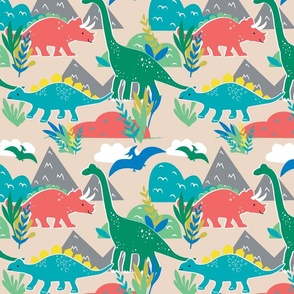 Dino Scene | Bright Multicolour | Unisex Dinosaur print  | Medium scale
