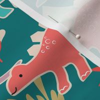 Dino Scene | Teal, Turquoise, Red | Unisex Dinosaur Print | Medium Scale