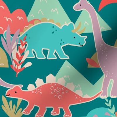 Dino Scene | Teal, Turquoise, Red | Unisex Dinosaur Print | Medium Scale