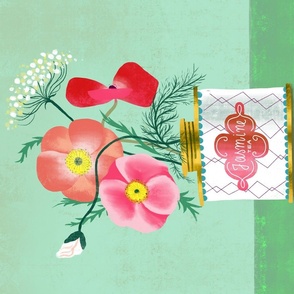 poppies in Jasmine tea tin