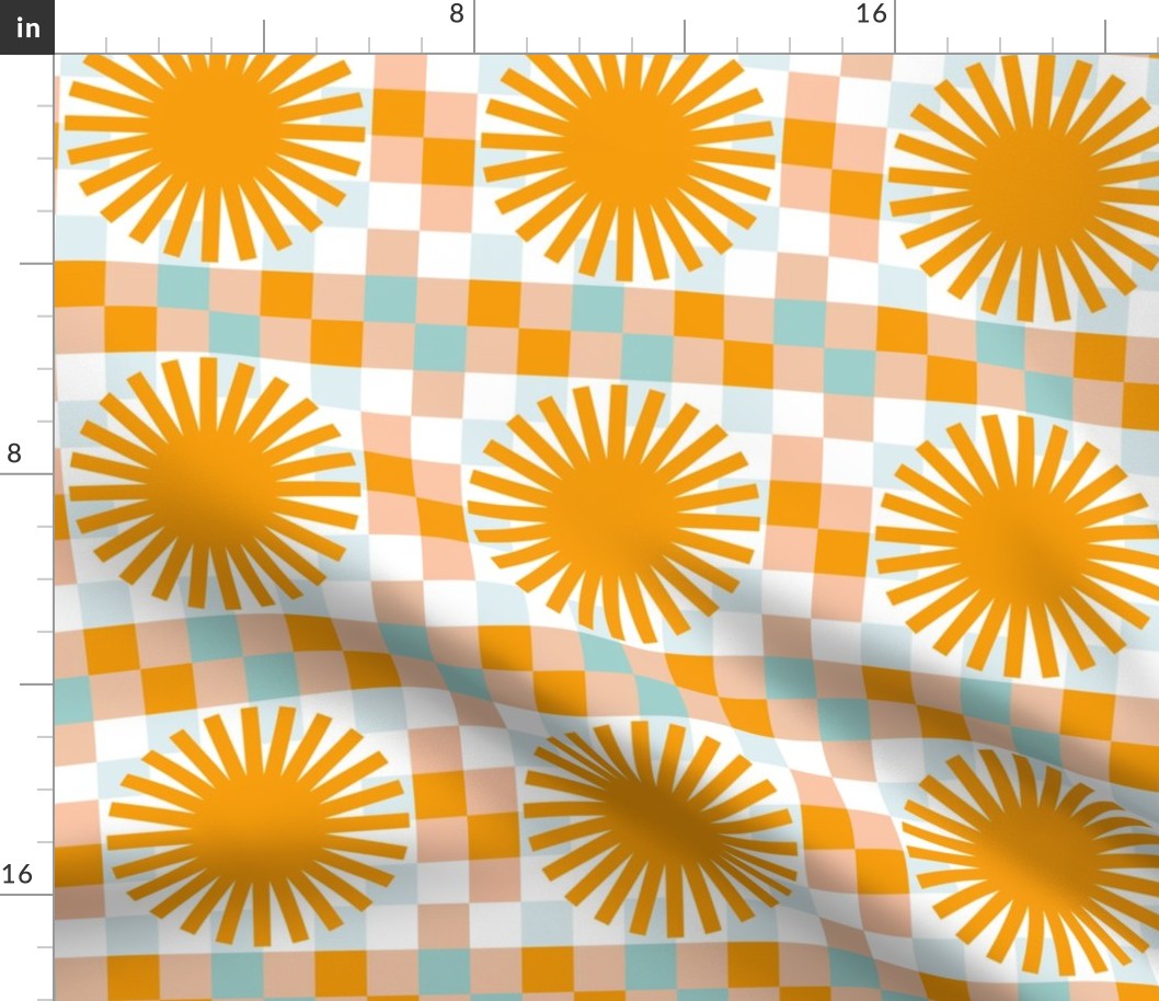 MEDIUM - Retro Orange and Blue check and Sun pattern