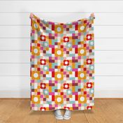 MEDIUM - Retro  Flower Power with checks - Vibrant Red, Orange, Pink and Aqua 