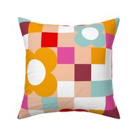 MEDIUM - Retro  Flower Power with checks - Vibrant Red, Orange, Pink and Aqua 