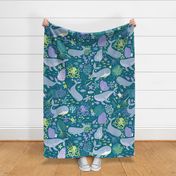  Whales Paradise Seascape - Honeydue, Lilac, Sky Blue and Lagoon on Teal - Petal Solids Coordinates - large scale