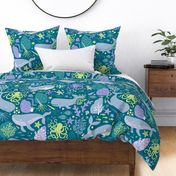  Whales Paradise Seascape - Honeydue, Lilac, Sky Blue and Lagoon on Teal - Petal Solids Coordinates - large scale