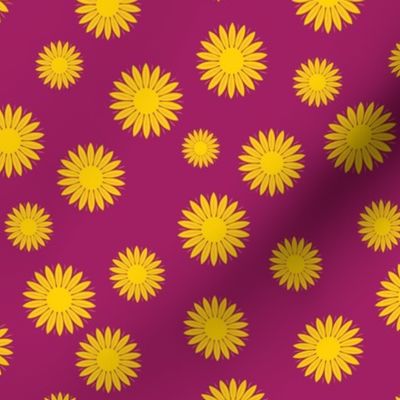 boho bright 60s 70s golden yellow  ditsy daisy floral  on deep raspberry pink