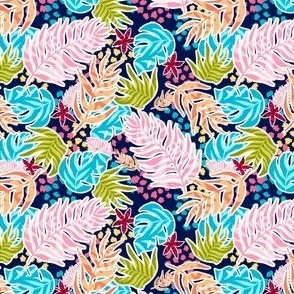 Tropical Colorful Leaves - Navy Blue Small Scale