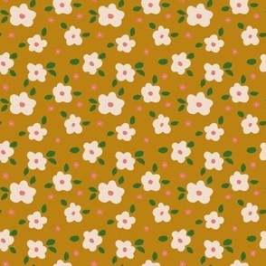 Tossed simple freehand ditsy floral| Chai Tea pantone, Caramel, Tan, Green Pink | Small Scale
