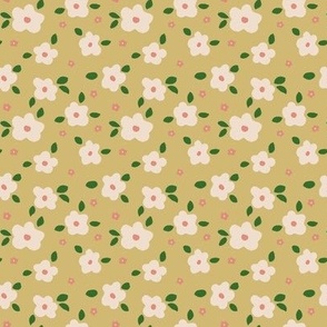 Tossed simple freehand ditsy floral| Dried Moss Pantone, Ochre, Green, Rust Pink  | Small Scale