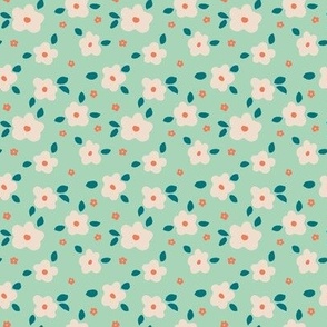Tossed simple freehand ditsy floral| Aqua Cream Teal Red | Small Scale