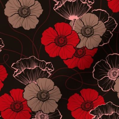 Line Art Hand Drawn Poppies on Black Background