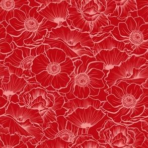 Red Poppy Flower Lacy Contour Line Art Vector Seamless Pattern