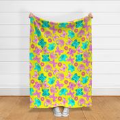 Summer colourful baby pattern, kawaii, pink and blue, elephants and butterflies, yellow background.