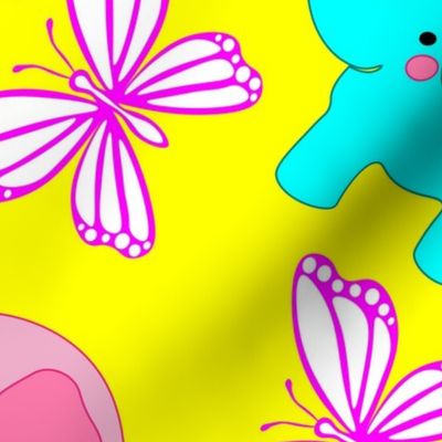 Summer colourful baby pattern, kawaii, pink and blue, elephants and butterflies, yellow background.
