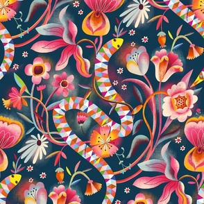 mystical floral snakes // blue // large scale