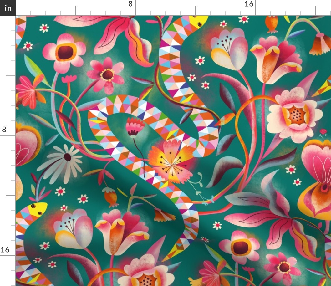 mystical floral snakes // teal // large scale