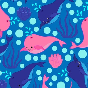 Summer colourful baby pattern, kawaii, pink and blue little whales, blue background.