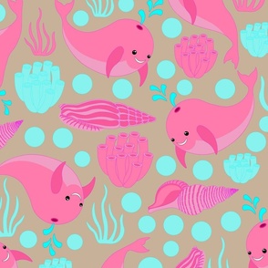 Summer colourful baby pattern, pink little whales, beige background.