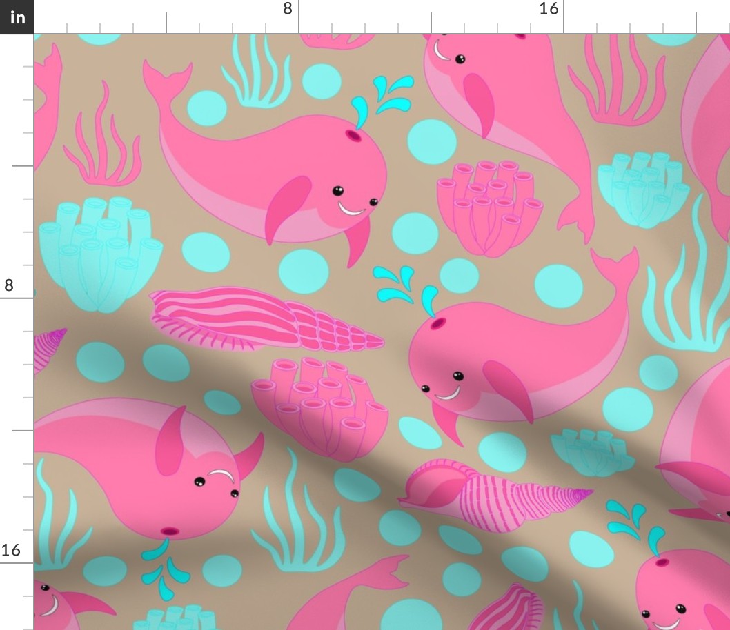 Summer colourful baby pattern, pink little whales, beige background.