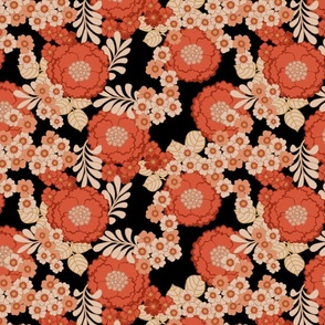 Retro Flower in Soft Pink and Burnt Red on Black Background