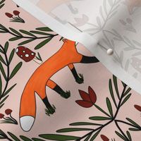 Laurel Fox and Mushrooms - hand drawn traditional pattern orange red green