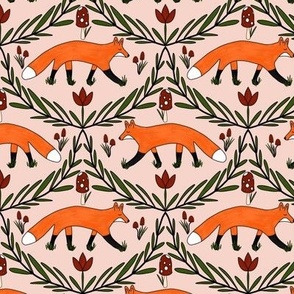 Laurel Fox and Mushrooms - hand drawn traditional pattern orange red green