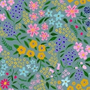 Flower Daze Bright Hand Painted Florals, in Pinks, Blues, Yellows on Teal Background