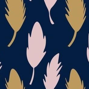 pink and gold feathers on blue background